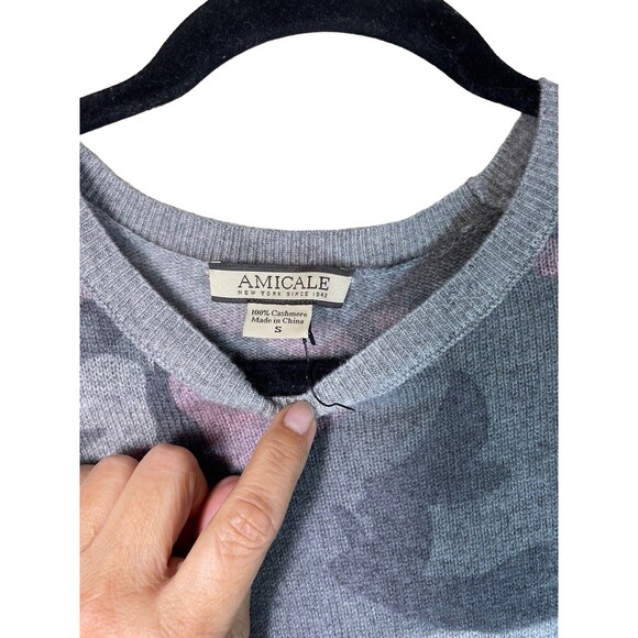 Amicale 100% Cashmere Pink‎ Grey Camouflage Crewneck Sweater Size Small Women’s - Picture 4 of 9